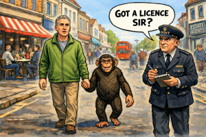 Monkey walking down high street with man and being asked by inspector for licence. Cartoon.