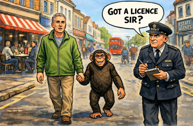 Monkey walking down high street with man and being asked by inspector for licence. Cartoon.