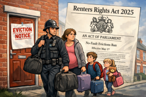 Cartoon - policeman and family leaving home with eviction notice on door.
