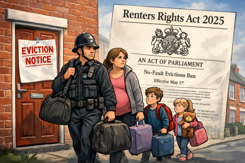 Cartoon - policeman and family leaving home with eviction notice on door.