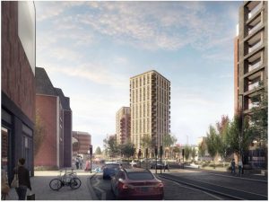 Redhill Train Station development 15-storey tower block distance CGI (Credit Solum planning documents)