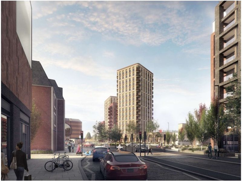 Redhill Train Station development 15-storey tower block distance CGI (Credit Solum planning documents)