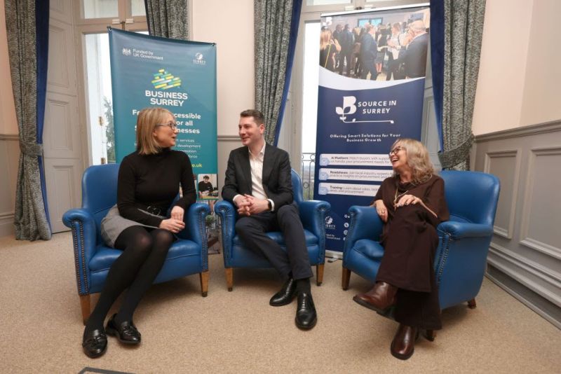 Source in Surrey lanches with Matt Furniss (centre) alongside Charlotte Webb (Surrey Chambers) and Dawn Redpath (SCC Director for Economy and Growth)
