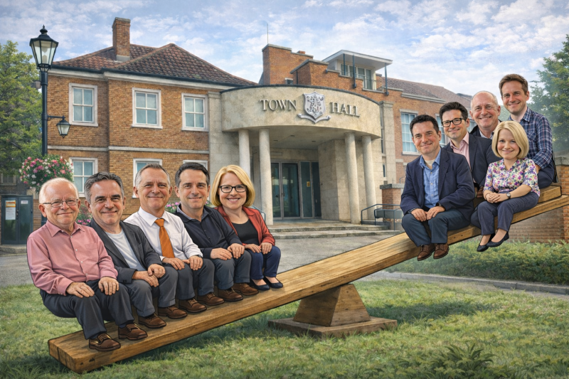 Councillors sitting on a see-saw outside the Town Hall Epsom. Cartoon.