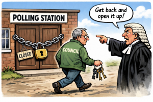 building that is marked "Polling Station" and a padlock and chain indicating the doors are closed. A Council official walking away from the building with a set of keys in his hand. He is walking toward a judge who is pointing him to return to the building (implying the order to re-open its election function).