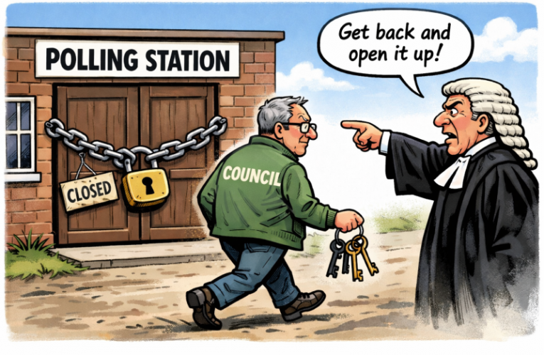 building that is marked "Polling Station" and a padlock and chain indicating the doors are closed. A Council official walking away from the building with a set of keys in his hand. He is walking toward a judge who is pointing him to return to the building (implying the order to re-open its election function).