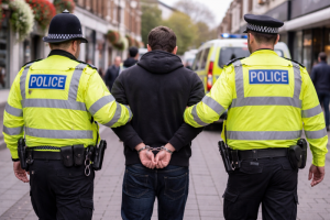 Man under arrest in street with 2 policemen