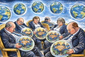 Cartoon of councillors nave gazing at a parish council in their bellies as the world goes by above their heads