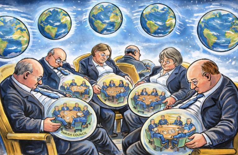 Cartoon of councillors nave gazing at a parish council in their bellies as the world goes by above their heads