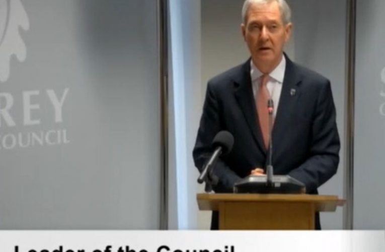 Leader of Surrey County Council, Cllr Tim Oliver, making his speech at full council. (Credit: Surrey County Council webcast)