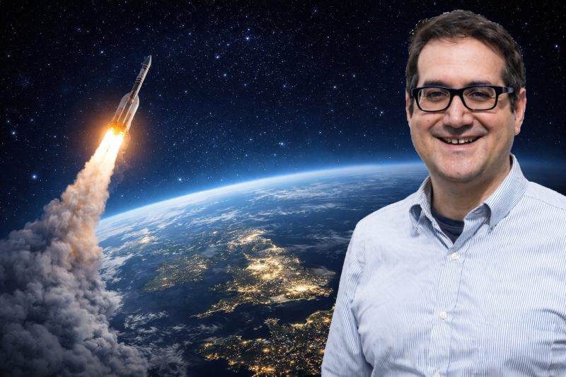 Prof Amara (Surrey Uni) against imagined background of a rocket into space from UK)