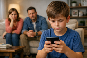 Child using smartphone with concerned parents in background