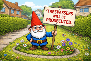 Cartoon Dorking gnome with trespassers will be prosecuted sign