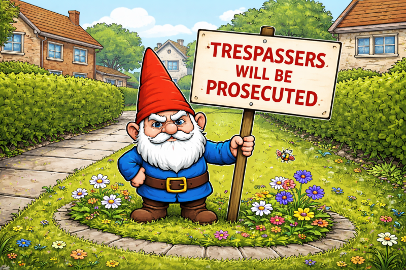Cartoon Dorking gnome with trespassers will be prosecuted sign