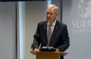 Cllr Tim Oliver, Surrey County Council leader, making his final address to full council as the outgoing leader. (Credit: Surrey County Council livestream)