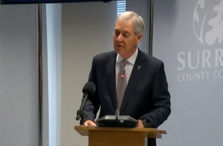 Cllr Tim Oliver, Surrey County Council leader, making his final address to full council as the outgoing leader. (Credit: Surrey County Council livestream)