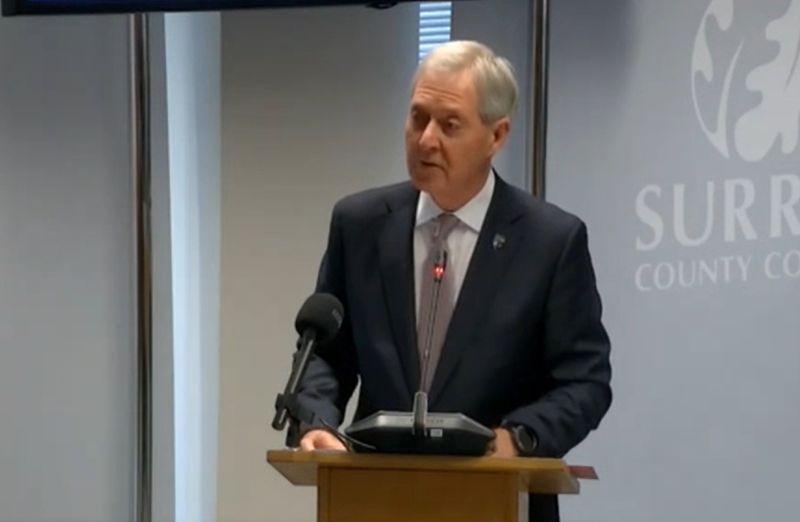 Cllr Tim Oliver, Surrey County Council leader, making his final address to full council as the outgoing leader. (Credit: Surrey County Council livestream)