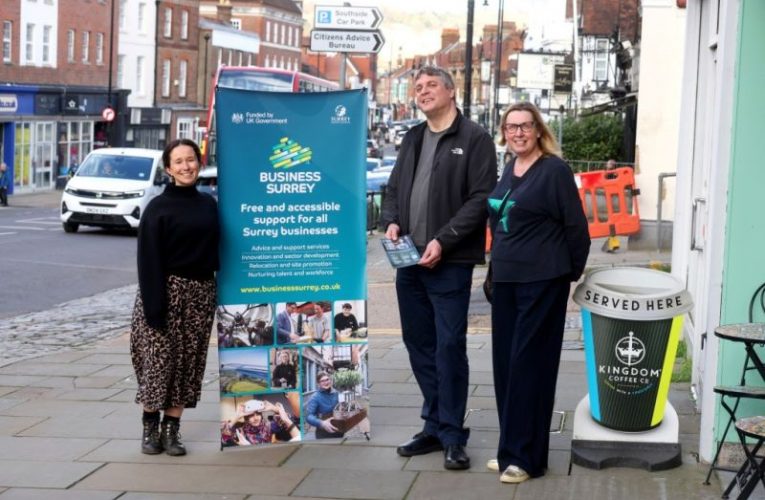 Reps from Surrey CC, Smarter Society and Hello Dorking mark the delivery of the High Street Support scheme
