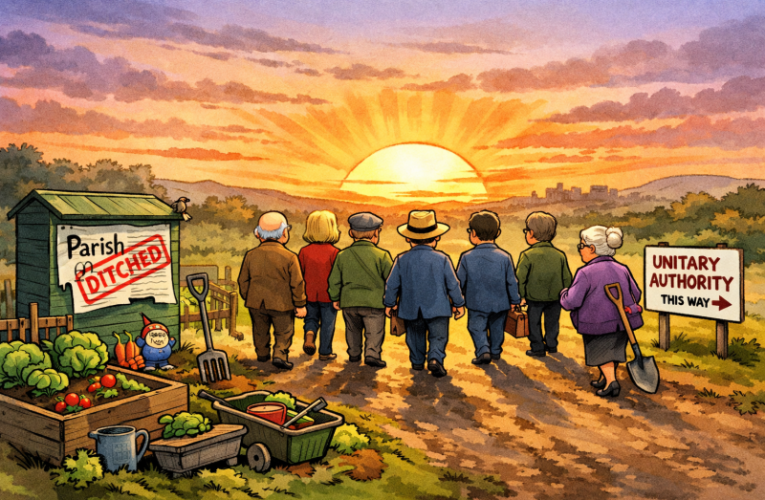 Cartoon of councillors abandoning an allotment as they walk into sun set
