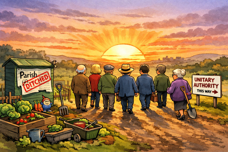 Cartoon of councillors abandoning an allotment as they walk into sun set