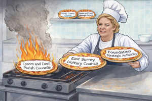 Dalton as pizza chef juggling pizzas labelled with various council authorities