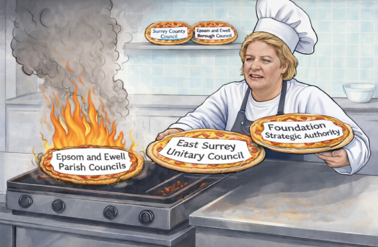 Dalton as pizza chef juggling pizzas labelled with various council authorities