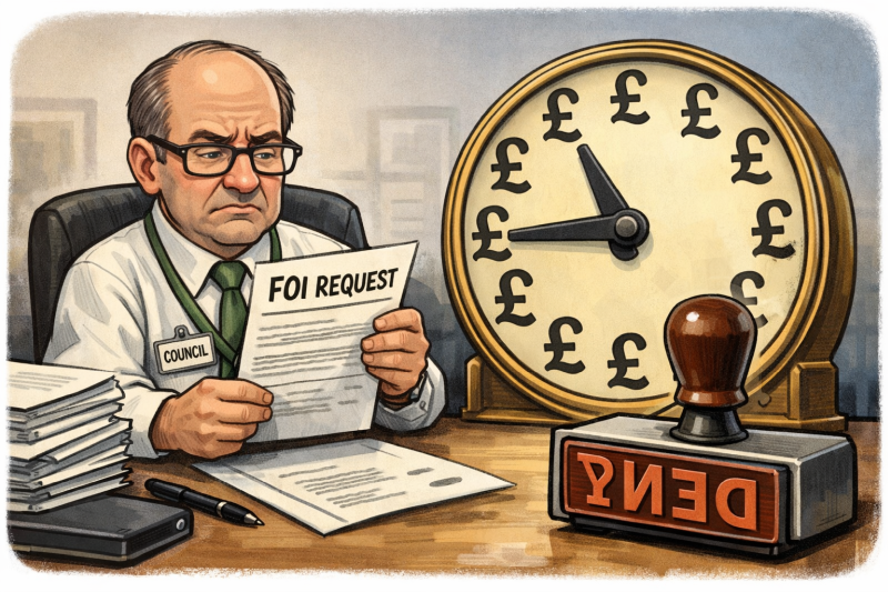 A council official sitting at a desk with an FOI letter in hand and a large clock on his desk with a £ sign beside each hour on the clock and a large stamp ready to emboss on the letter the word DENY