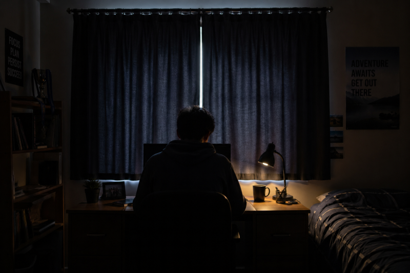 Lonely adult in his bedroom