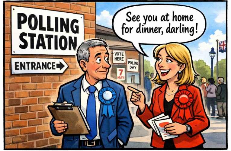 two candidates standing outside a polling station and one says to the other - see you at home for dinner darling?