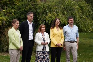 Left to right: Helen Maguire (MP for Epsom and Ewell); Steve Wotton (Leader and Cllr for Horley West, Salfords and Sidlow); Kirsty Hewens (Deputy Leader and Cllr for Walton South and Oatlands); Monica Harding (MP for Esher and Walton); Chris Coghlan (MP for Dorking and Horley)
