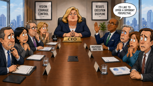 Bossy CEO at table of cowering directors except one independent one