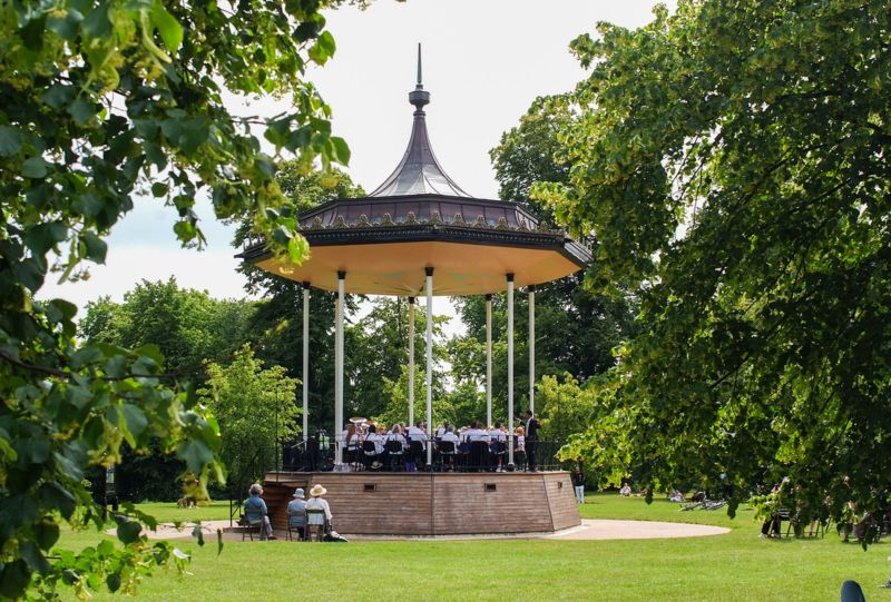 Epsom and Eqwell Silver band in bandstand at Kensington Gardens