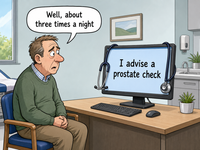 Cartoon tells computer "About three times a night" computer states "Advise a prostate check"