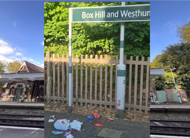 Boxhill and Westhumble railway station and litter insert on platform