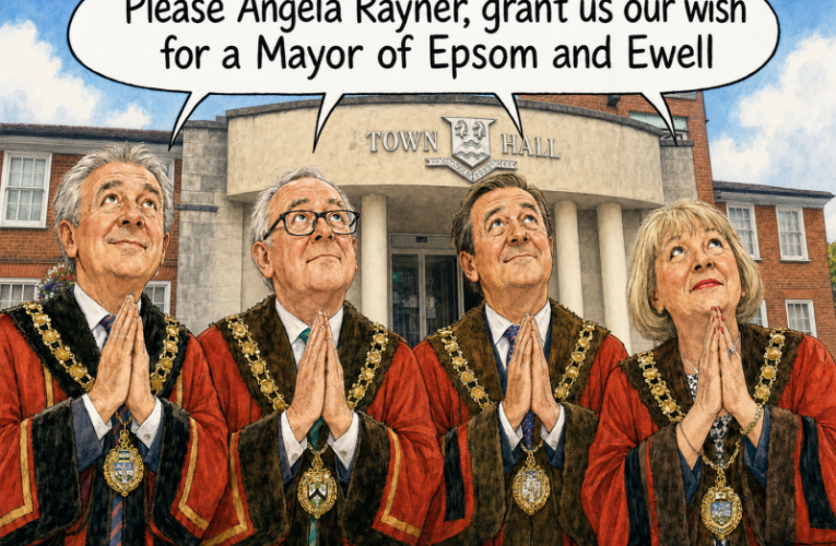 Cartoon past Mayors of Epsom outside Town Hall praying to Angela Raynor to grant right to have a Mayor