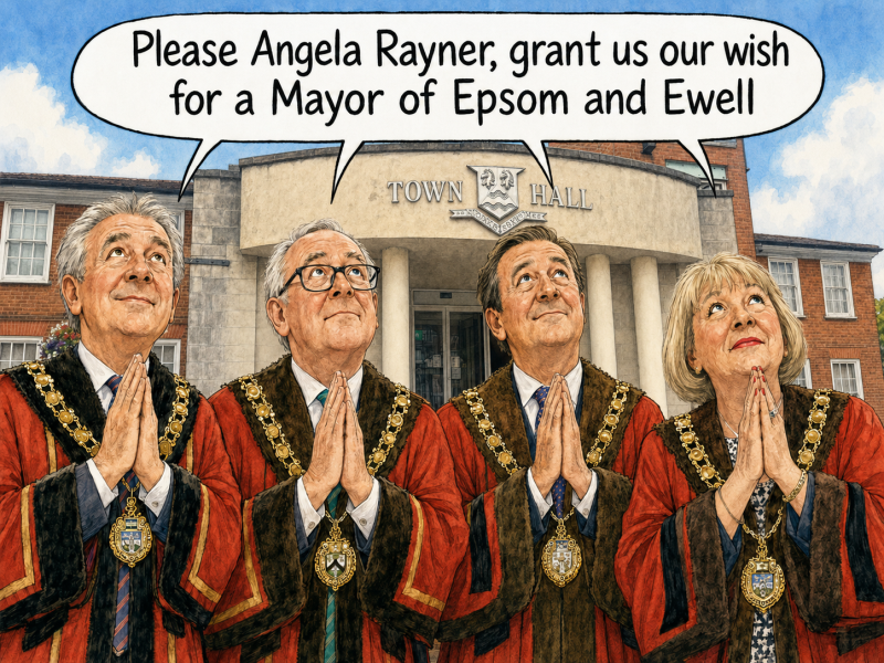 Cartoon past Mayors of Epsom outside Town Hall praying to Angela Raynor to grant right to have a Mayor