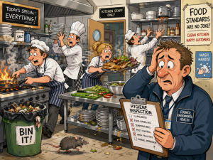 Cartoon busy restaurant kitchen and stressed council hygiene inspector
