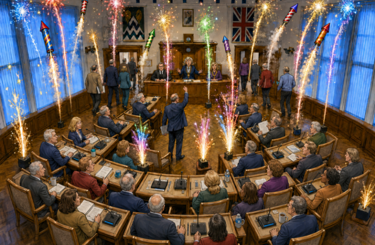Epsom Council chamber cartoon. Fireworks and the walk out
