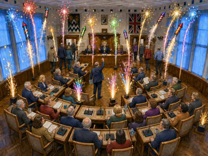 Epsom Council chamber cartoon. Fireworks and the walk out