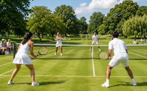 Mixed tennis doubles playing tennis