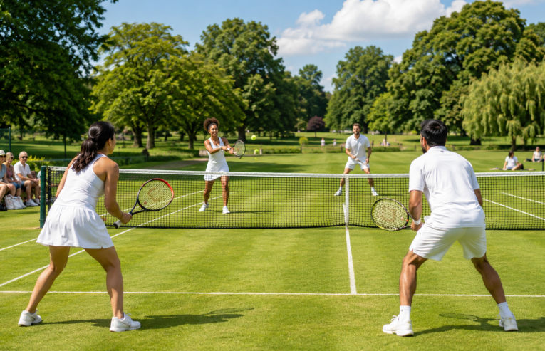 Mixed tennis doubles playing tennis