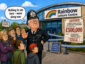 Cartoon of Dallen outside Rainbow centre as a policeman telling public to move along.