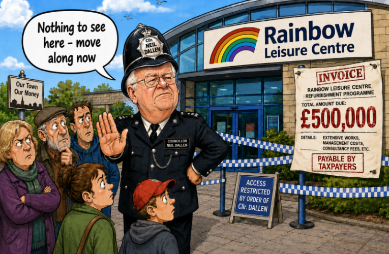 Cartoon of Dallen outside Rainbow centre as a policeman telling public to move along.
