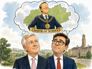 Cartoon of Oliver and Burnham dreaming of a Surrey Mayor