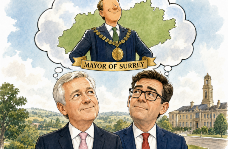 Cartoon of Oliver and Burnham dreaming of a Surrey Mayor