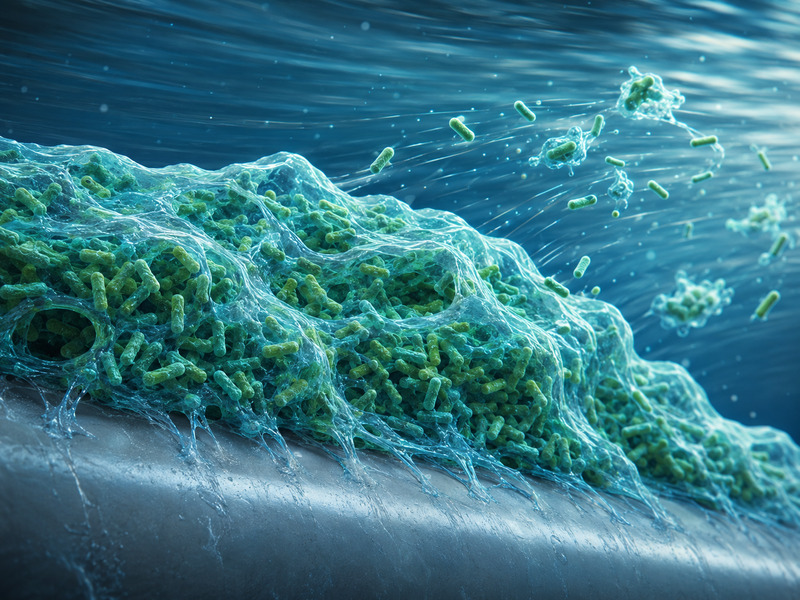Artist’s impression of Pseudomonas aeruginosa bacteria encased within a protective biofilm under flowing conditions.