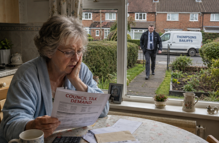 Bailiff approaching elderly's home.