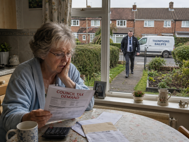 Bailiff approaching elderly's home.