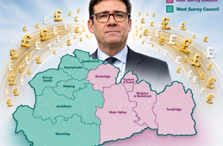 PM Burnham with £ signs flowing from his head to Surrey