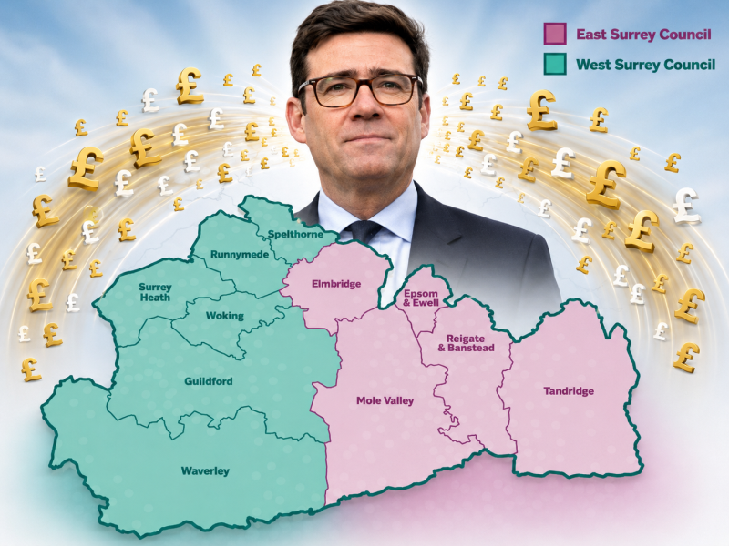 PM Burnham with £ signs flowing from his head to Surrey